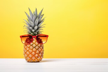 Funny pineapple with sunglasses on a yellow background. Creative concept.