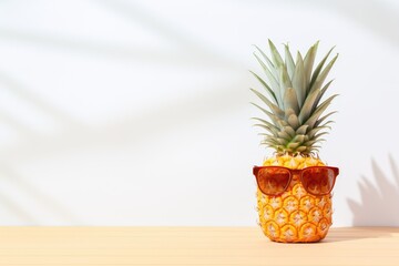 Pineapple with sunglasses on the wooden table and white wall background