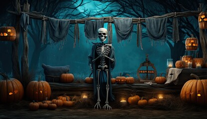 Scary Halloween background with a human skeleton and pumpkins. 3d render