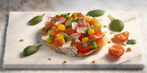 Italian Bruschetta with chopped tomatoes, basil and mozzarella cheese on white marble board. Traditional italian appetizer or snack, antipasto. AI Generative