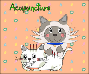 Happy cat acupunctue for treatment cartoon vector doodle art design
