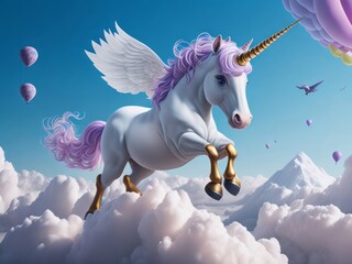Adorable Unicorn on Flying Cloud. Generative AI
