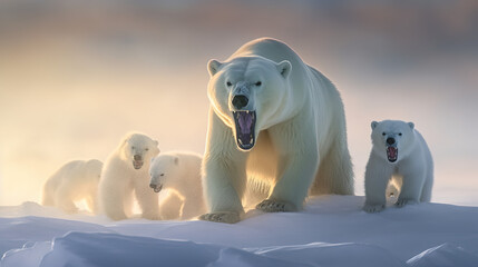 polar bear on ice with its kids - obrazy, fototapety, plakaty