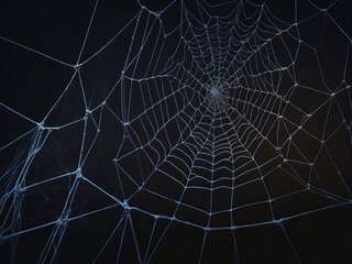 Real creepy spider webs on black background. Generative AI
