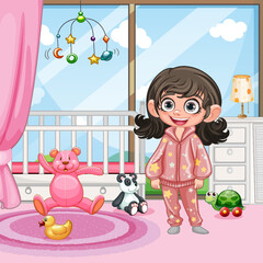 Cute girl in pajamas in bedroom in the morning