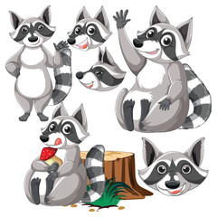 Set of raccoon cartoon character with head and facial expression