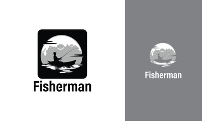 Silhouette Fisherman logo vector with moon background for your community
