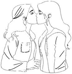 A lesbian couple kissing doodle outline