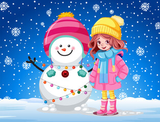 Girl building snowman outdoor