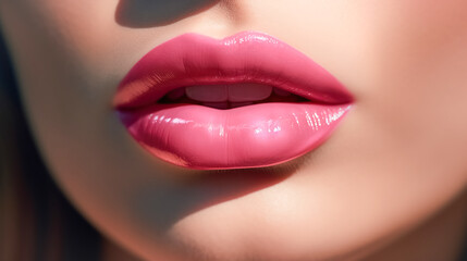 Obraz premium Beautiful full lips with glossy makeup, barbicor style makeup. Pink glitter lipstick. Close-up of sexy natural lips