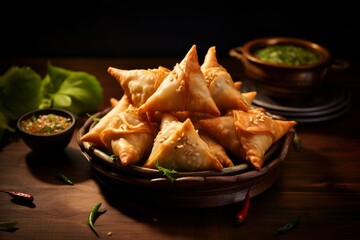 Fried samosa with vegetable filling, popular Indian snacks on the plate.