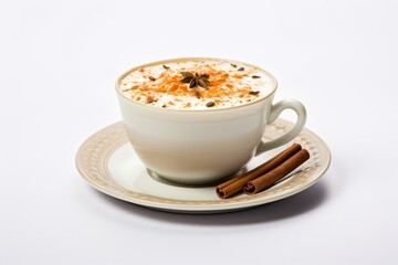 Indian Masala chai tea. Traditional Indian hot drink with milk and spices on white background close up.