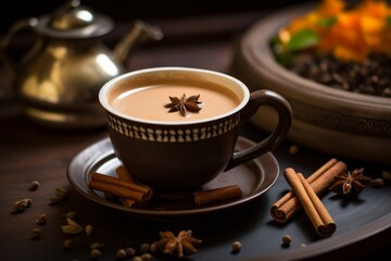 Indian Masala chai tea. Traditional Indian hot drink with milk and spices on dark background close up.