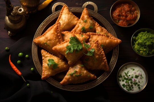 Fried samosa with vegetable filling, popular Indian snacks on the plate.