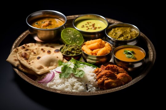 Indian or Hindu Veg Thali Food. Traditional vegetarian Indian thali lunch meals.