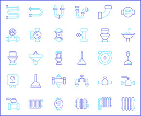 Simple Set of plumbing Related Vector Line Icons. Vector collection of traps, drains, taps, hand tools, vise, pipe, connector, valve and design elements symbols or logo element.