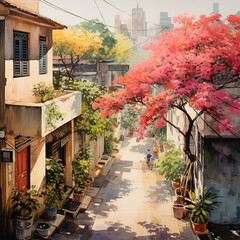Fototapeta na wymiar Painting of beautiful streets in Vietnam