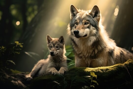 Gray wolf and her cub majestically in a magical rainforest. Portrait of a wolf and her adorable cub