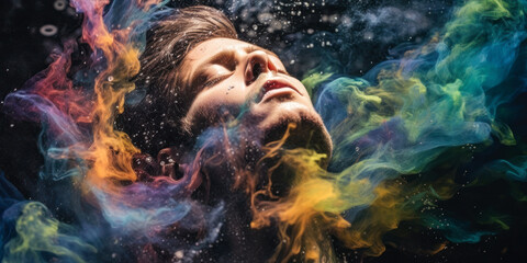 Man having an awakening during breathwork in a colorful surreal dreamlike. Subject of the mind and inner symbology