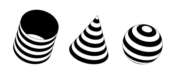 Set of 3d shapes with striped. Black and white cone, cylinder and sphere design elements for templates, posters, flyers, banners. Vector geometric forms collection