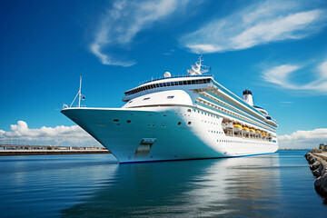Huge cruise ship in the harbor with blue sky illustration - obrazy, fototapety, plakaty