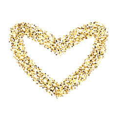 Golden confetti heart shape. Glowing dotted love background. Simple gold dots border. Sparkling halftone valentines decoration element. Vector illustration 