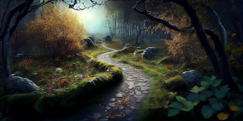 Picturesque winding forest path in the evening light. Generative AI