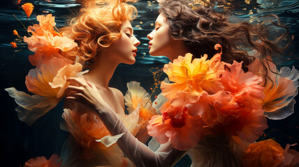 Two beautiful fashion girl under water in a flowers fantastic dress dancing under water. Two mermaids. Gay girls. Same-sex love