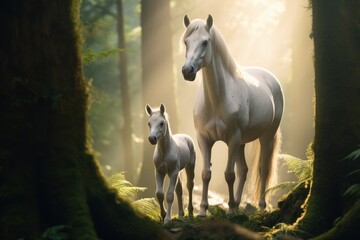 A white mare and her calf majestically in a magical rainforest