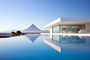 Fototapeta na wymiar Modern villa with swimming pool and mountain in the background