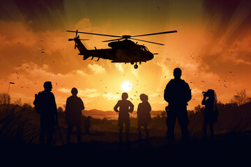 Fototapeta na wymiar Silhouette of a group of soldier and a helicopter in the sunset