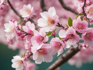 Ethereal Sakura blossoms: Abundant pink blooms amid fresh green leaves, symbolizing the arrival of spring. AI-crafted image evokes joy and renewal with enhanced lighting.