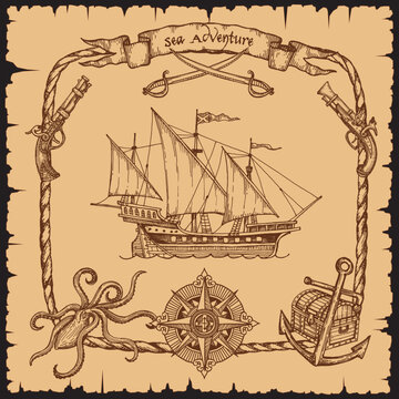 Vintage pirate vessel ship with rope frame in sketch, sea adventure background. Old antique or ancient pirate boat or sailboat and marine frigate, anchor or treasure chest and compass in rope frame