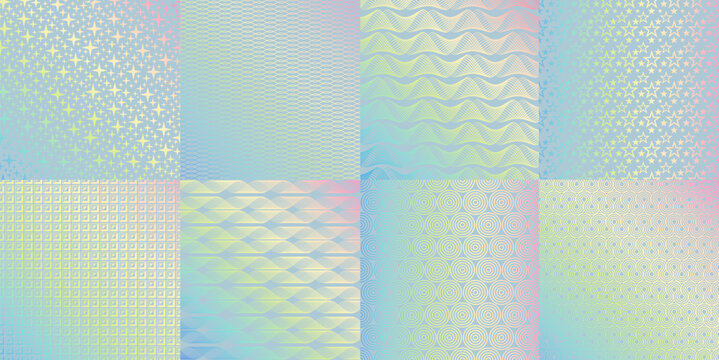 Rainbow glitter foil texture, hologram patterns. Official certificate foil sticker gradient vector surface texture. Holographic rainbow pattern or hologram neon twinkle prints collection