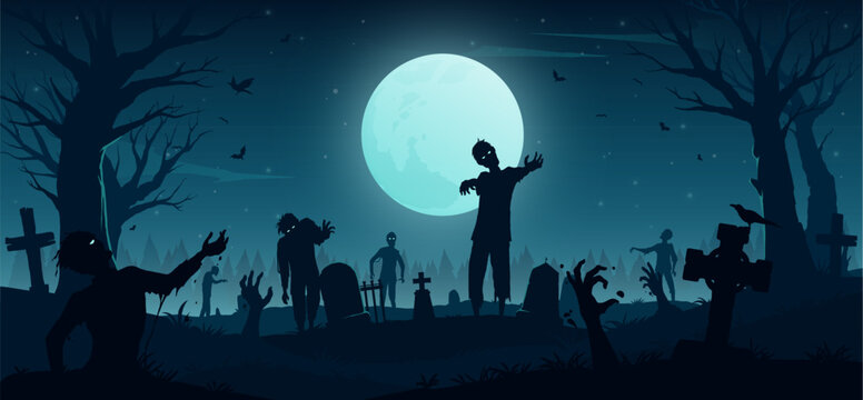 Halloween zombie horror graveyard. Scary dead apocalypse monsters, eerie undead creatures roam the desolate cemetery, among the tombstones, while full moon hangs heavy with a sense of lingering doom