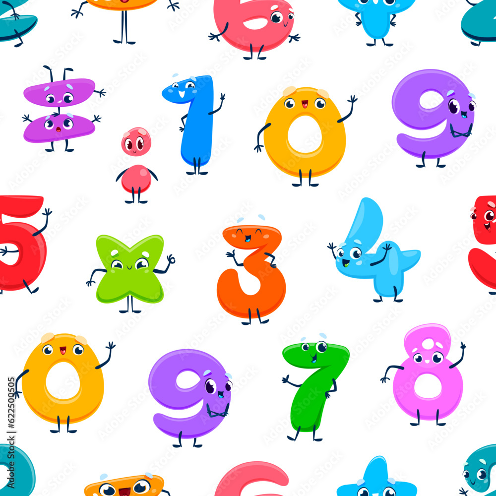 Aufkleber Cartoon number character seamless pattern background with vector mathematics algebra figures. Cute funny numbers pattern with eyes, and face smile for kids education or numeric arithmetic emoticons