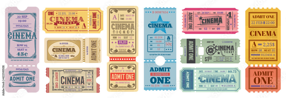 Wall mural old vintage movie cinema tickets. admit one retro coupon vector templates with film reels and stars.