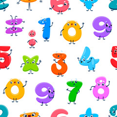 Cartoon number character seamless pattern background with vector mathematics algebra figures. Cute funny numbers pattern with eyes, and face smile for kids education or numeric arithmetic emoticons