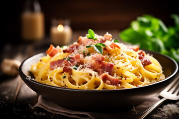carbonara cheese meal pasta spaghetti food sauce meat bacon italian. Generative AI.