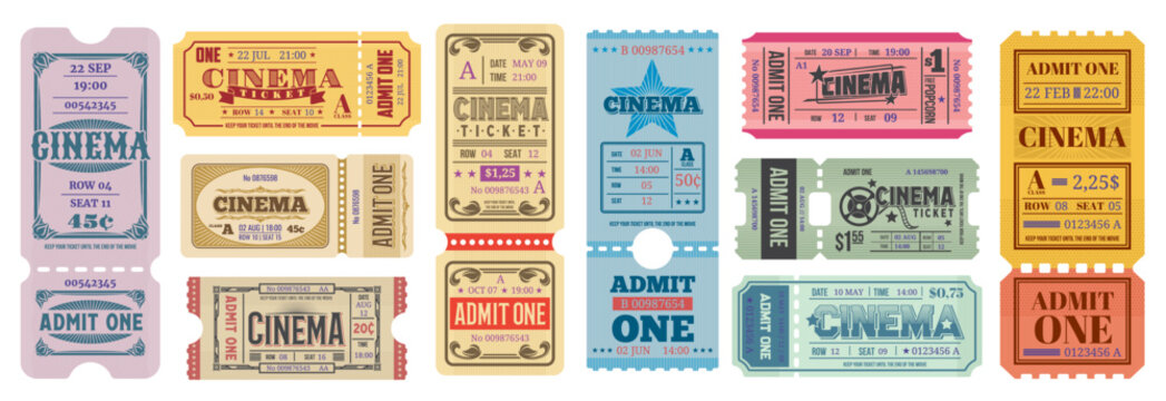 Old vintage movie cinema tickets. Admit one retro coupon vector templates with film reels and stars. Movie theater show paper ticket stubs, cinema festival event admission and entrance pass set