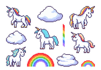 Fantasy pixel unicorns and rainbow, game stickers. Vector pixel art magic horse or pony animals, clouds and rainbow objects set. Retro 8 bit video game cute unicorn characters with colorful horns
