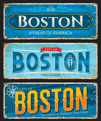 Boston city travel plates and stickers, USA capital city of Massachusetts state vector grunge tin signs. Athens of America stickers with antique compass wind rose and anchor on water waves background