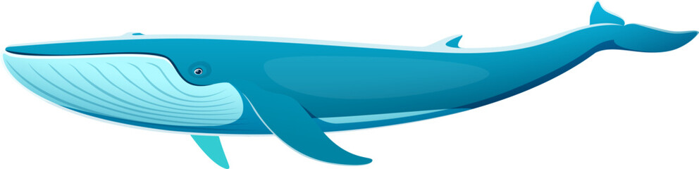 Blue whale character. Majestic and magnificent sea creature known for its immense size and distinctive blue-gray coloration. Isolated cartoon vector largest animal on earth, living in the oceans