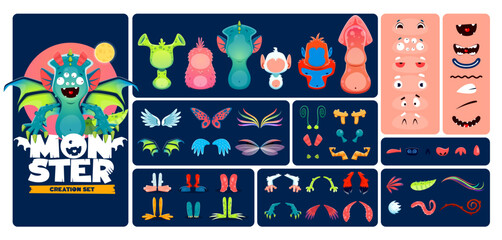 Monster creation kit. Cartoon monster character constructor with vector set of cute animal, alien creature or Halloween beast faces and bodies, funny mouths, hands and tails, eyes, legs, wings, horns