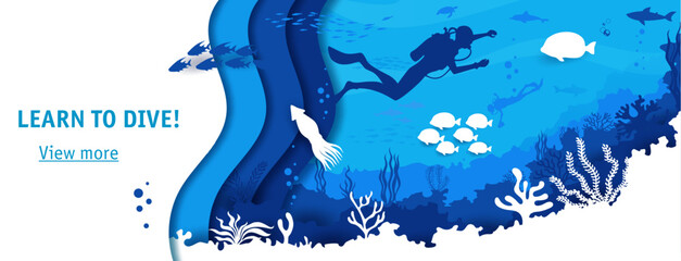 Landing page of scuba diving club with divers silhouettes and sea sharks, vector underwater paper cut landscape. Ocean or undersea scuba diving club web page with papercut layers of coral reef fishes