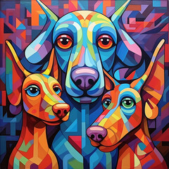 Abstract cartoon painting of dogs in bright colors.  Generative AI.
