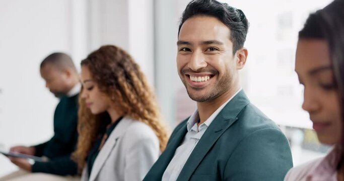 Face, hiring and business man in waiting room for job opportunity, interview or recruitment in corporate office. Portrait, happy and Asian professional in hr for human resources, onboarding or career