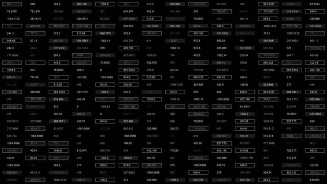PNG Alpha.Numbers in a column, calculation.Security password digital data code selection.Cyber attack. HUD UI binary code.