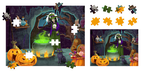 Jigsaw puzzle Halloween game pieces. Cartoon eerie witch in cave with magic potion pot. Correct piece connect Halloween quiz, shape or figure search kids puzzle vector worksheet with witch cauldron
