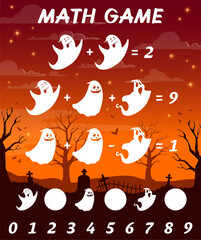 Math game worksheet. Halloween ghost characters on cemetery. Children educational vector quiz, addition and subtraction puzzle with funny ghost or cemetery spirits personages, grave crosses silhouette